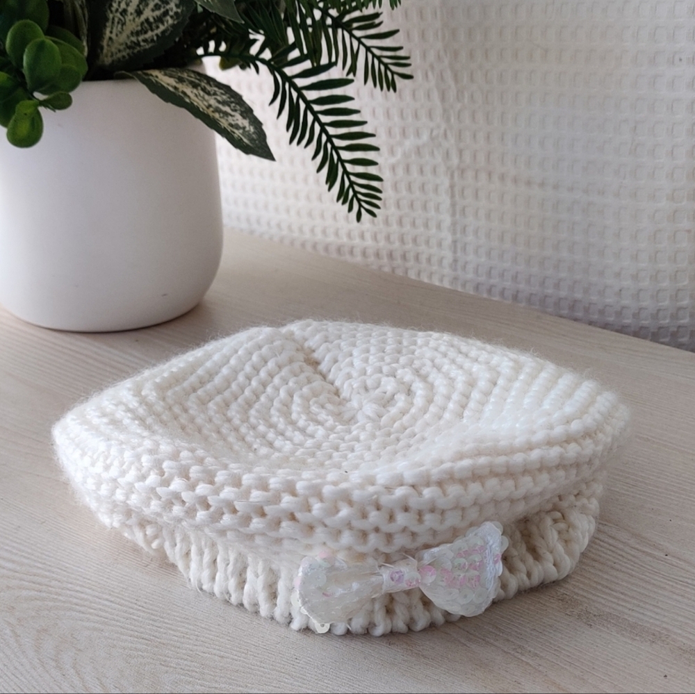 Little Girls Cream Knit Bow Beret Hat O/S